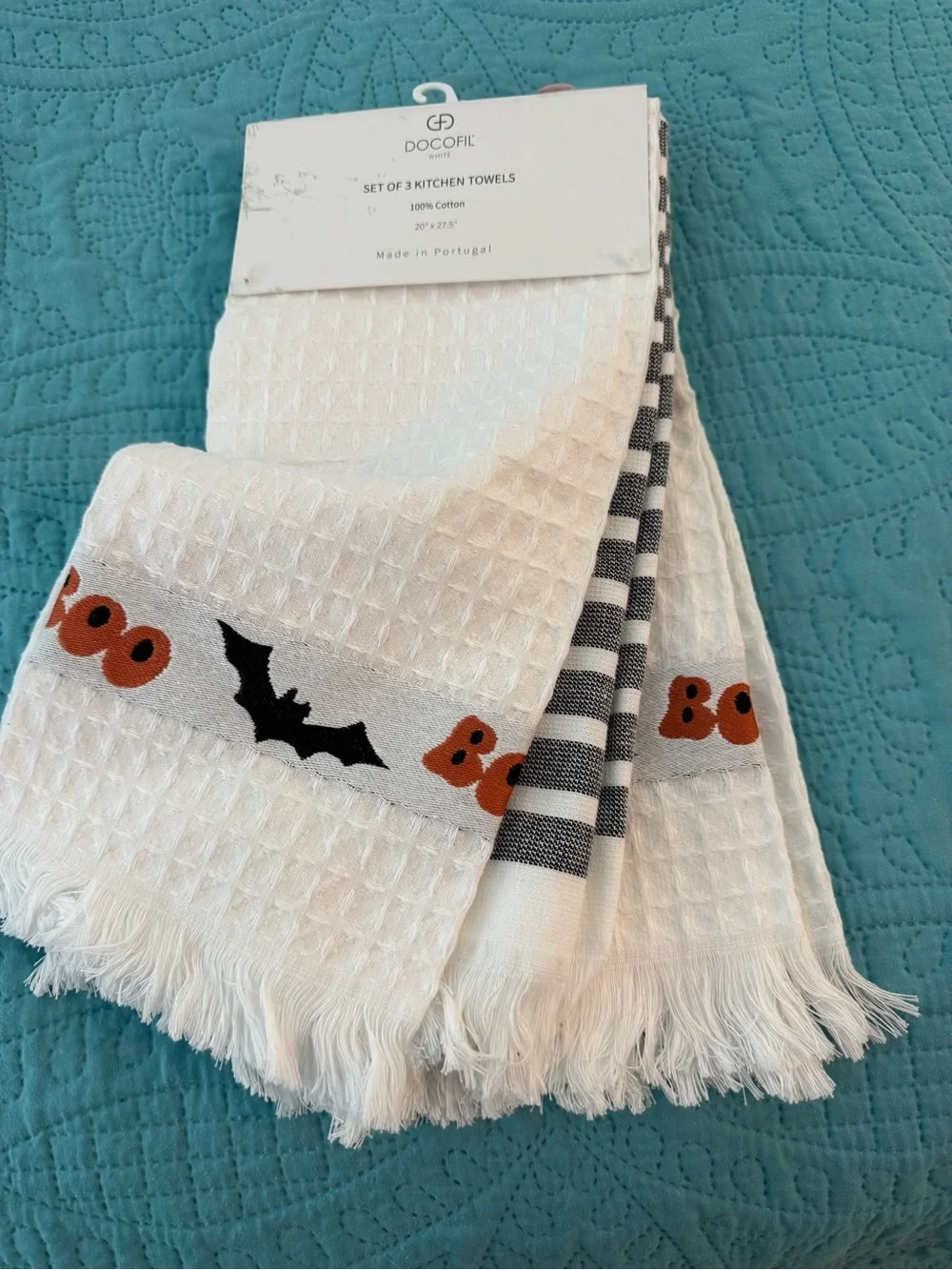 White Halloween 'Boo' Waffle Weave Kitchen Towels -Set of 3